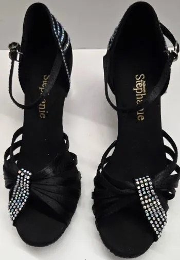 Peak Mode Travel Must 2" Sabrina -- Women's Silver Flare Heel Latin Sandal -- Black Satin