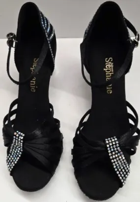 Petite Fit 2" Sabrina -- Women's Silver Flare Heel Latin Sandal -- Black Satin