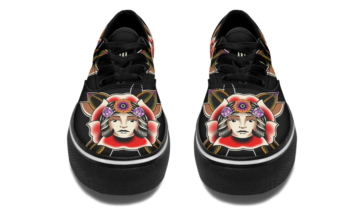 Blooming Girl Head Classic Shoes Gold Tone Celebrity Vibe