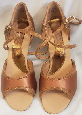 Lace Up Style Comfort Upper 2.5" Nadia -- Women's Flare Heel Latin Sandal -- Cinnamon Satin