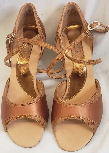 Cross Road Retro Core 2.5" Nadia -- Women's Flare Heel Latin Sandal -- Cinnamon Satin