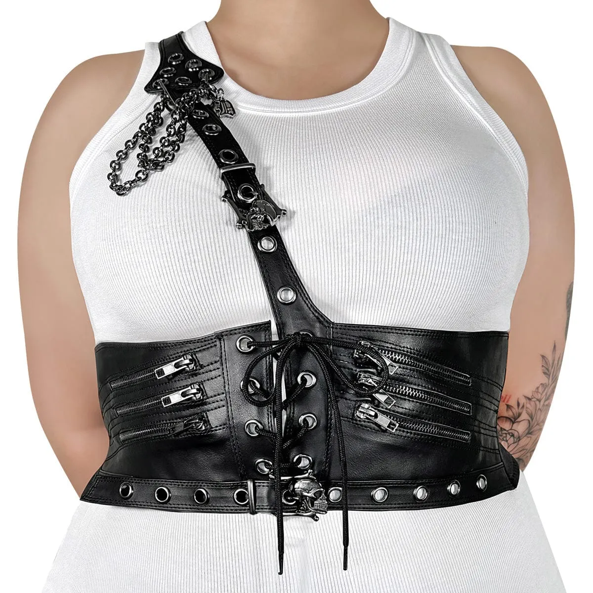 DA-105 Black Stretch Faux Leather Waist Harness Pearl Shine Trend Hot