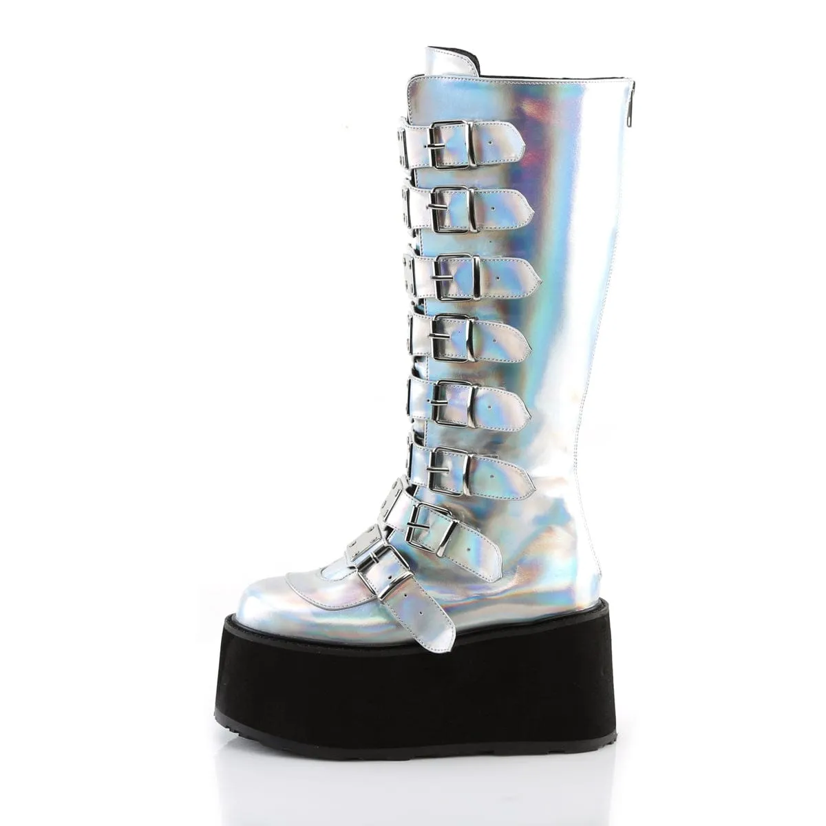 DAMNED-318 Silver Hologram Knee Boots Italian Glam