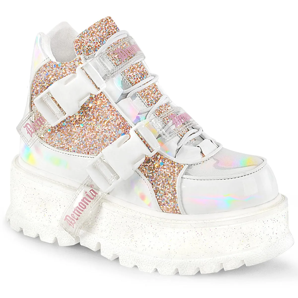Surf Step Play Hard SLACKER-50 White Hologram graphic Patent -Baby Pink Multi Glitter