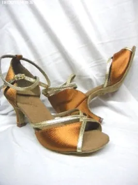 2.5" Shantal -- Flare Heel Latin Sandal -- Dark Tan Satin/Gold Trim Arch Support Standing Workers
