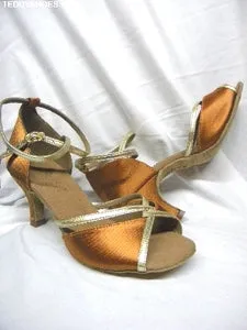 Zen Step 2.5" Shantal -- Flare Heel Latin Sandal -- Dark Tan Satin/Gold Trim
