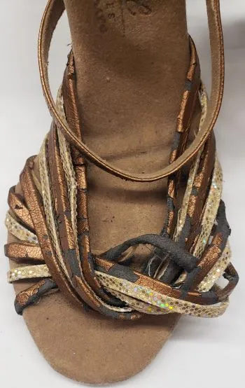 3" Jessica -- Flare Heel Latin Sandal -- Gold Scale/Dark Tan Gloss Mood Sport Active