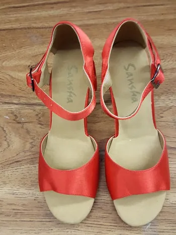 3" Luciana -- Flare Heel Latin Sandal -- Red Satin Arch Support Wellness Seekers Classic
