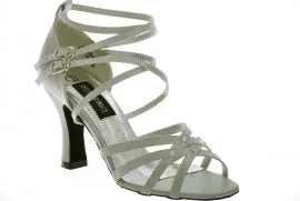 3.38" Vera -- Flare Heel Latin Sandal -- Silver Satin Gift Easy