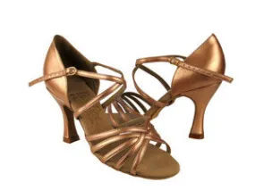 3.5" Olivia -- Flare Heel Latin Sandal -- Dark Tan Satin Breathable Road Trip