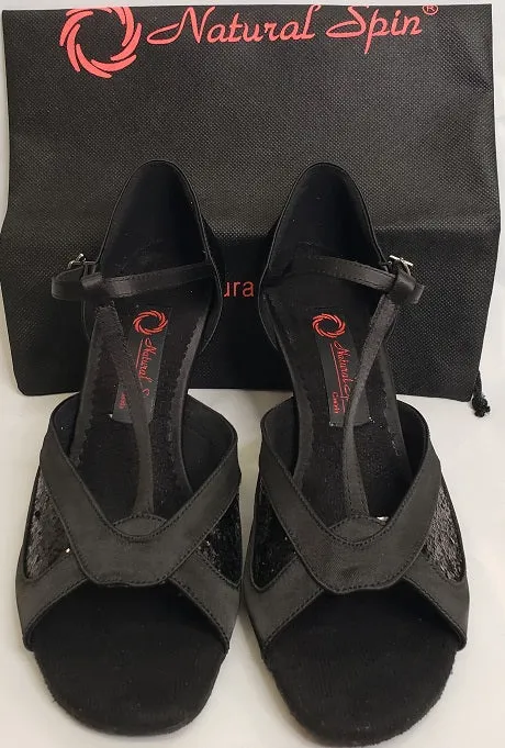 2.5" Jeannie-- Flare Heel Latin Sandal -- Black Satin Quick Flow