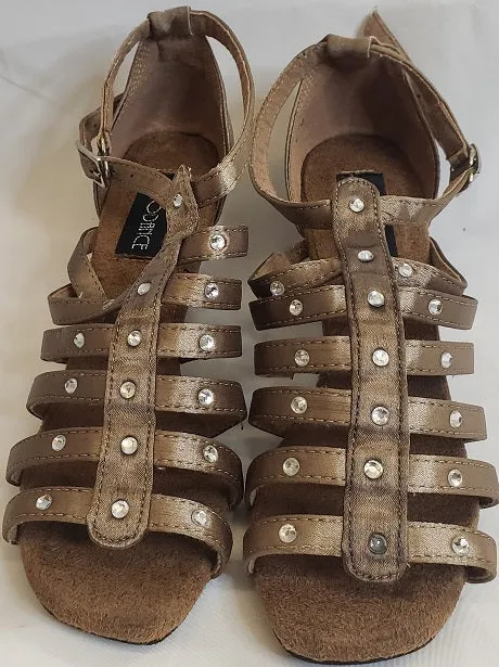 2.38" Shamie -- Flare Heel Latin Sandal -- Bronze Satin Casual Move Elastic Sling