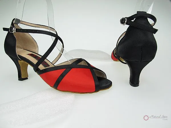 Dual Tone 2.25" Molly -- Wide Heel Latin Sandal -- Black Satin/Red Satin