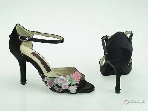 slow walk Gift Easy 3.5" Angeline -- Stiletto Heel Latin Sandal -- Black Satin/Bohemia Color Flower Satin