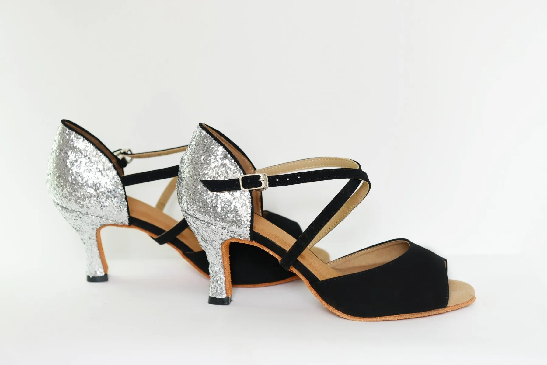 3" Jasmine -- Women's Latin Sandal -- Black Suedine/Silver Glitter Track Run