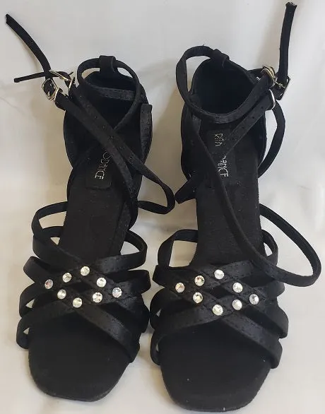 2.38" Brandy -- Flare Heel Latin Sandal -- Black Satin Comfort Flex Strong Grip