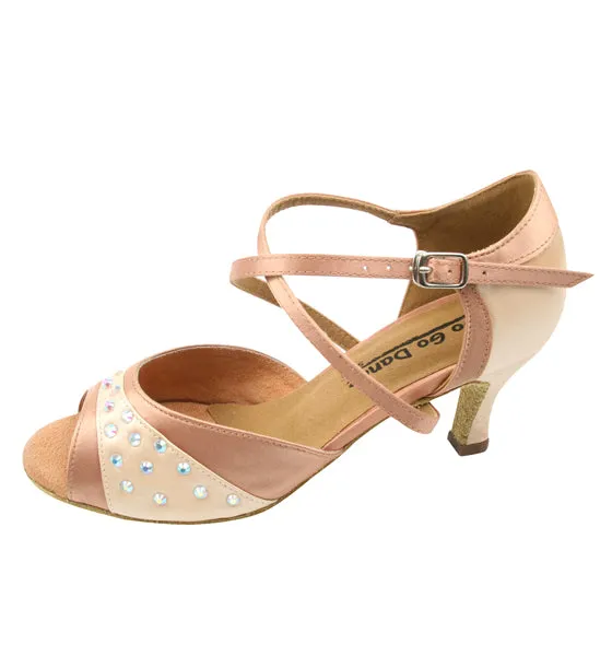 2.5" Doreen -- Flare Heel Latin Sandal -- Tan Satin Abrasion resistant Shine Tone