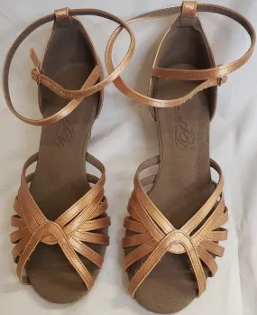 2" Sadie -- Wide Heel Latin Sandal -- Tan Satin Waterproof Standing All Star Edge