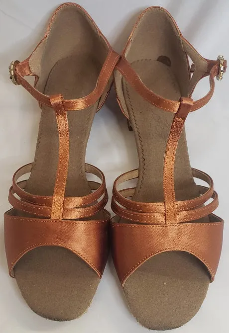 1.33" Sabra -- Block Heel Latin Sandal -- Dark Tan Satin Urban Walk Snow Grip