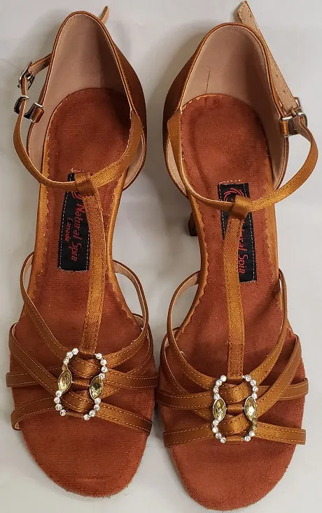 3" Emily -- Flare Heel Latin Sandal -- Gold Satin Flexibility