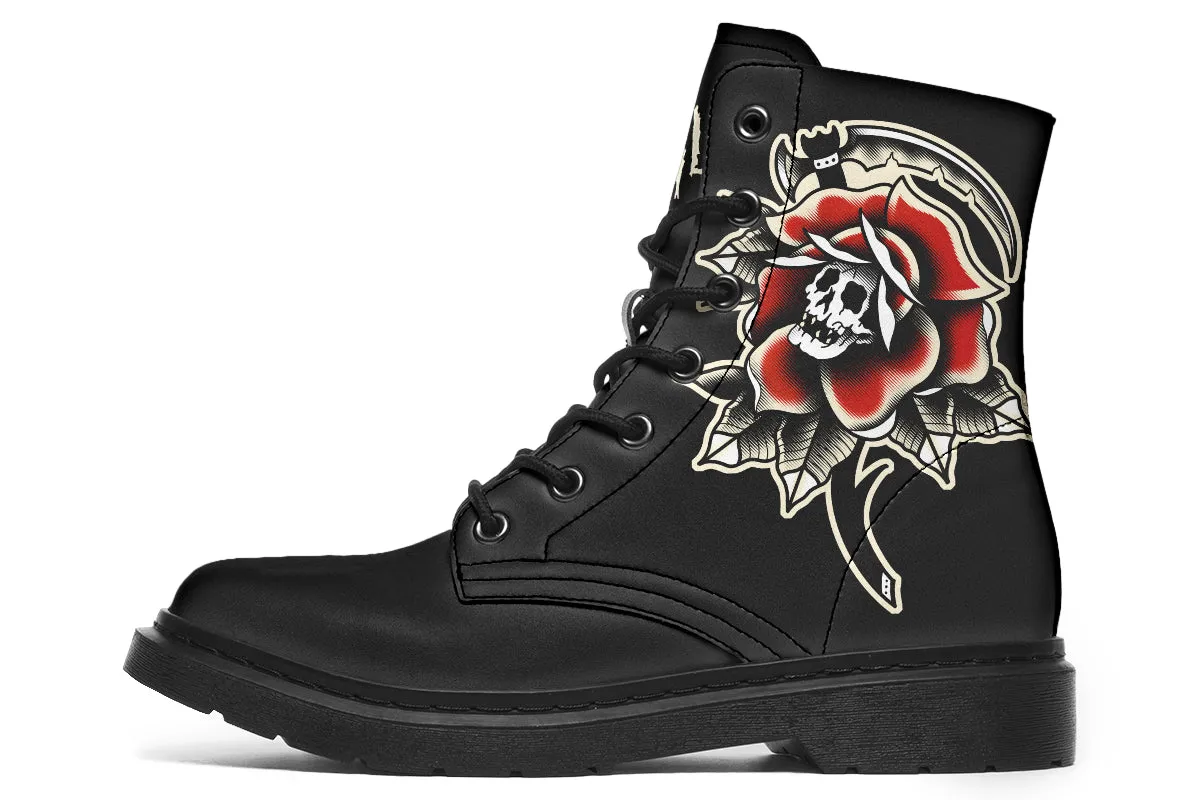 Red Rose Scythe Skull Boots Slip On