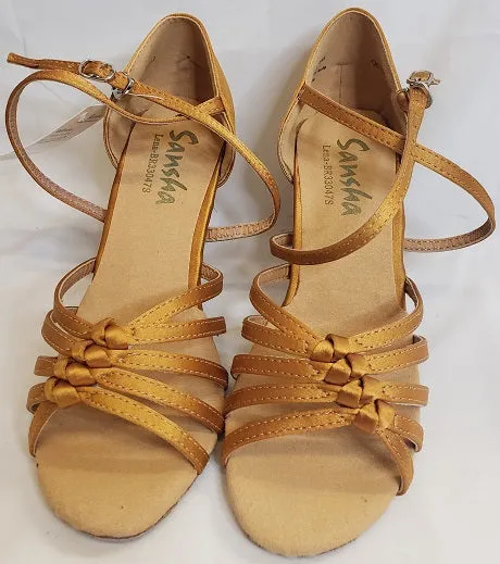 Marathon Fit Fast pace 3" Lena -- Flare Heel Latin Sandal -- Tan Satin