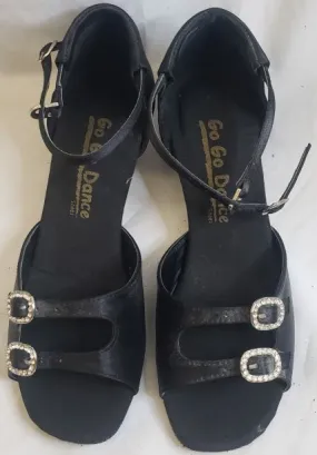 1.3" Mary -- Women's Thick Heel Latin Sandal -- Black Satin Ventilated Design Beauty Walk