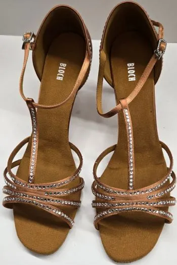 Comfort Strap 2.5" Guilia -- Flare Heel Latin Sandal with Rhinestones -- Dark Tan Satin