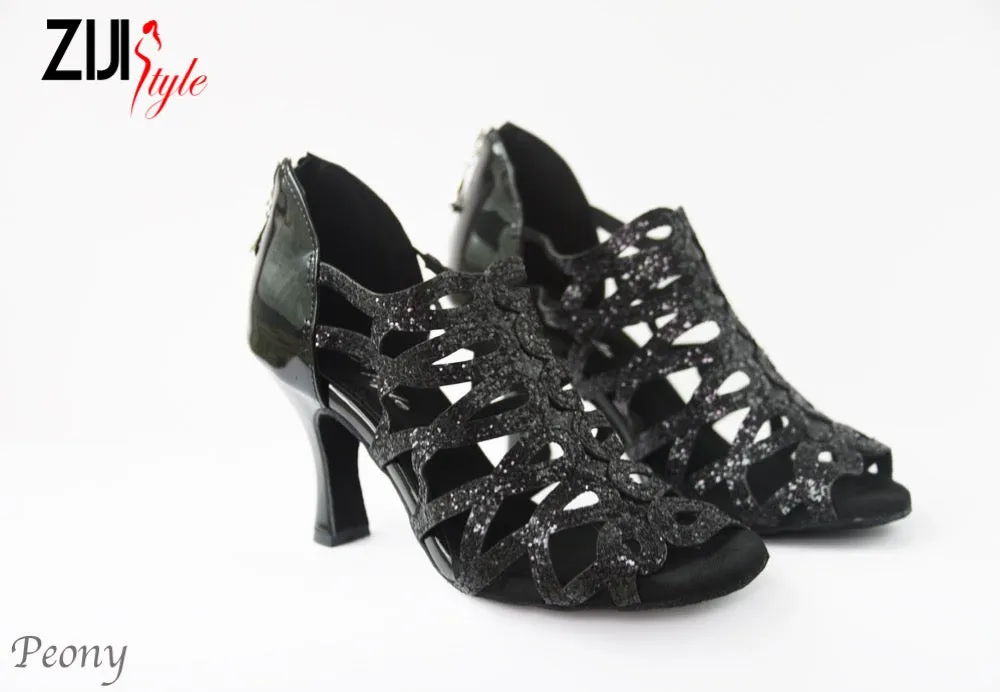 Surf Step School Style 3.25" Peony -- Women's Latin Sandal -- Black Sequins