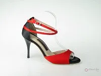 Slip Resistant Step Tall 3.5" Juanita -- Ultra Slim Heel Latin Sandal -- Red & Black Satin with Black Patent Heel