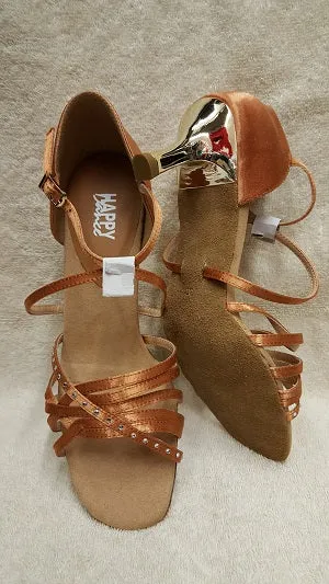 2.5" Scarlett -- Flare Heel Latin Sandal -- Tan Satin/Gold Heel Busy Path Canvas