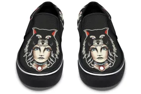 Dark Edge New York Wolf Cowl Girl Head Slip On Shoes