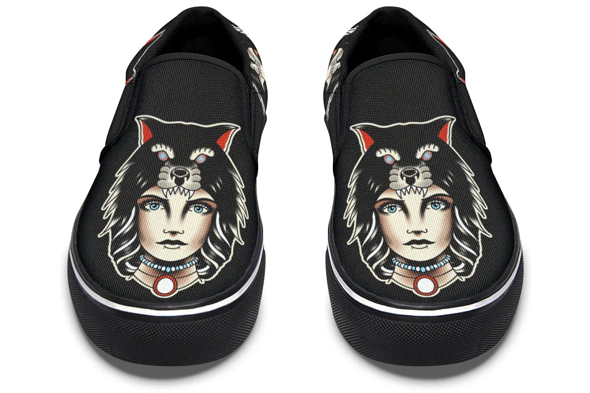 Dark Edge New York Wolf Cowl Girl Head Slip On Shoes