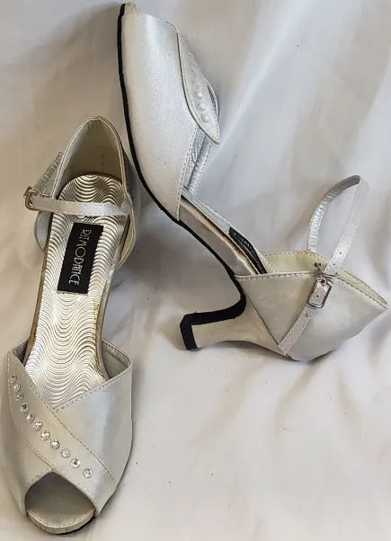 Meta Move Supportive structure 2.38" Anara - Closed Back/Open Toe Ballroom Shoe -- Silver Satin