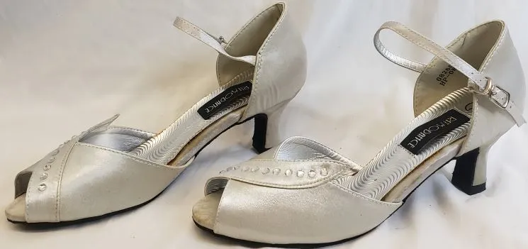 2.38" Anara - Closed Back/Open Toe Ballroom Shoe -- Silver Satin Shock Guard
