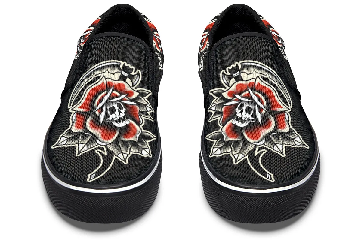 Red Rose Scythe Skull Slip On Shoes Couple Pair