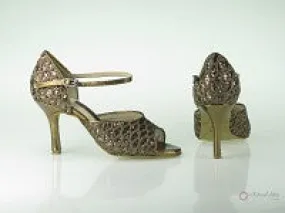 All Terrain Health Focused 3" Lana -- Slim Heel Latin Sandal -- Brown Net Glitter & Bronze Embossed PU