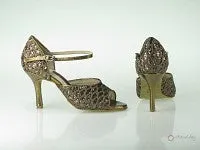 3" Lana -- Slim Heel Latin Sandal -- Brown Net Glitter & Bronze Embossed PU Lightweight Form Casual Wear Wardrobe Base